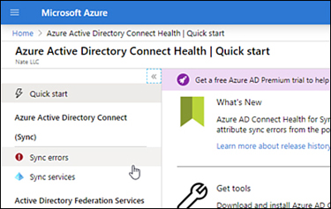 This screenshot shows the location of the Sync Errors option in the Azure portal’s Azure AD Directory Connect Health | Quick Start section.