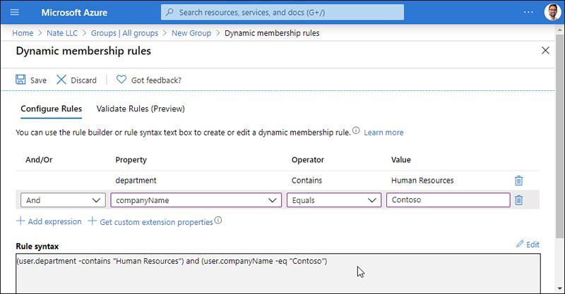This screenshot shows the Dynamic Membership Rules in an Azure AD group, including And being chosen from the And/Or drop-down menu; companyName being chosen as the department in the Property drop-down menu; Equals being chosen from the Operator drop-down menu; and Contoso being chosen from the Value drop-down menu. The screen shot also includes the Rule Syntax.