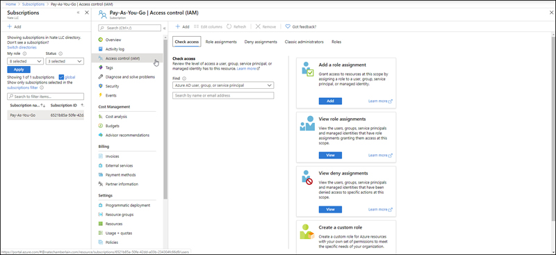 This screenshot shows the location of the Access control (IAM) link inside the details screen for a subscription found in the Subscriptions section of the Azure portal.