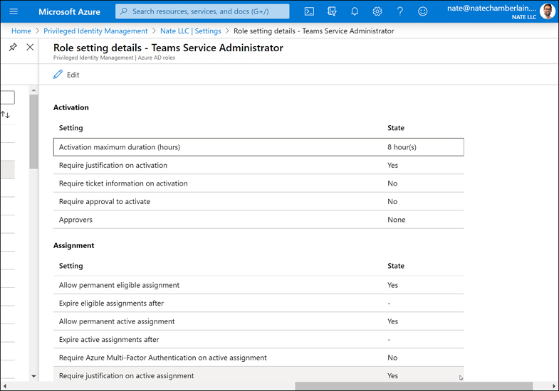 This screenshot showing the editable Activation and Assignment settings for the Teams Service Administrator role in Azure PIM.
