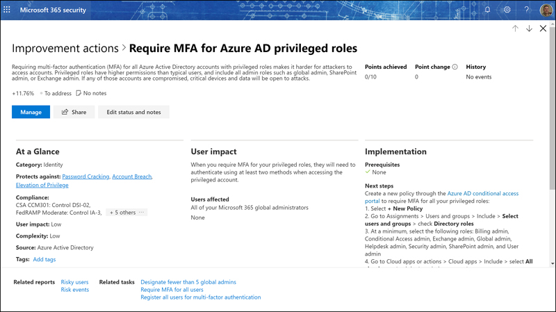 This screenshot shows The Require MFA For Azure AD Privileged Roles page. The page is broken into three main sections: At A Glance, User Impact, and Implementation.