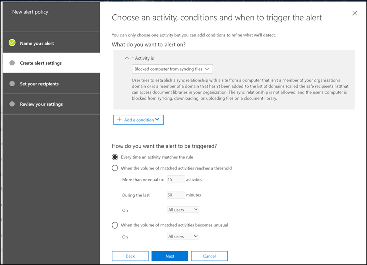 This screenshot shows the Blocked Computer From Syncing Files activity, which is set to trigger Every Time An Activity Matches The Rule.