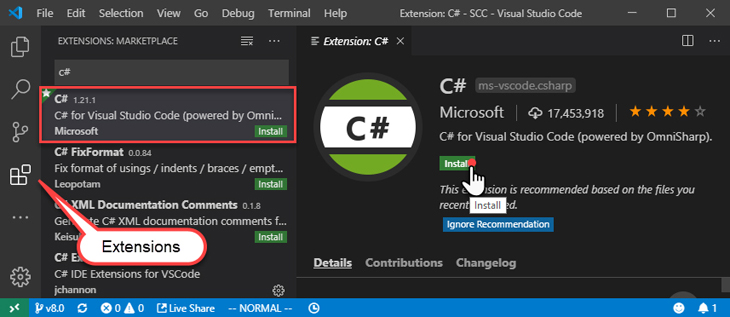 A figure illustrates the installation process of the C-Sharp extension for Visual Studio Code.