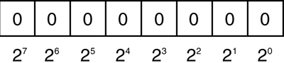 A figure shows an arrangement of a byte with its distinct value. It is divided up into a group of eight bits with each bit representing the position of the digit raised to the power of 2. It starts with 2 to the power of zero on the right and proceeds to 2 to the power of 7 on the left with an increase of 1.