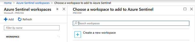 This is a screenshot of the Choose A Workspace To Add To Azure Sentinel page. At the left, under Azure Sentinel Workspaces, there are Add and Refresh buttons and a text box that allows you to filter by name. On the right, under Choose A Workspace To Add To Azure Sentinel, you can use the Search Workspaces box to search for workspaces. Also, a Create A New Workspace button appears at the bottom right.