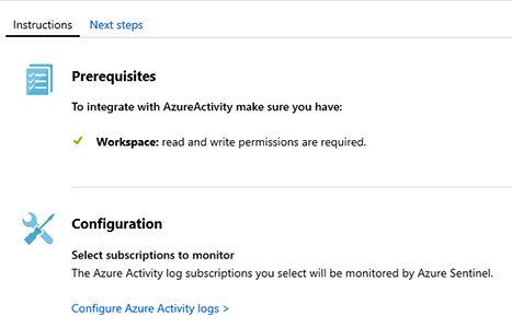 This is a screenshot of the Instructions tab where you can read about the prerequisites for this connector. You can start the configuration by clicking Configure Azure Activity Logs.