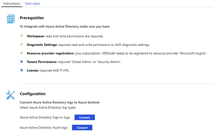 This is a screenshot of the Azure Active Directory Instructions tab, which shows options for connecting to Azure Active Directory Sign-in Logs and Azure Active Directory Audit Logs.