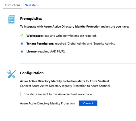 Screenshot of the Azure Active Directory Identity Protection instructions tab showing the option to connect to Azure Active Directory Identity Protection.