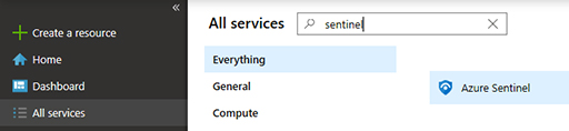 This is a screenshot of the All Services blade in Azure portal. Four options are available on the left: Create A Resource, Home, Dashboard, and All Services; All Services is selected. In the All Services pane at the right, “sentinel” has been entered in the search box. Below are three options: Everything, General, and Compute; Everything is selected. At the far right, the Azure Sentinel icon appears as a result of the search for “sentinel.”
