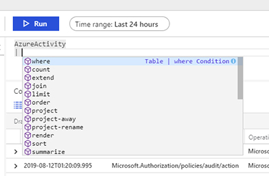 This is a screenshot of the Logs in Azure Sentinel, which are using IntelliSense to facilitate the construction of the Kusto Query.