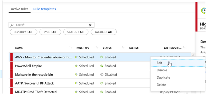 This is a screenshot of the context menu of the Analytics Blade in Azure Sentinel, which shows the following options: Edit, Disable, Clone, and Delete.