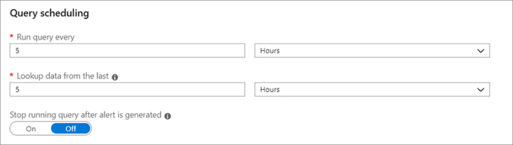 This is a screenshot of the Query Scheduling section in the Analytics Rule Creation wizard. There is a Run Query Every and Lookup data from the last text box. You set an number in these fields. Next to each is a drop-down menu from which you can choose Minutes, Hours, or Days.