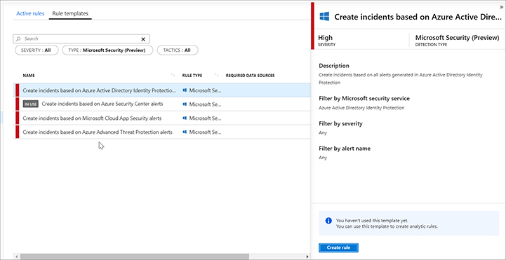This is a screenshot of the Microsoft Security rules in the Rules Templates. One rule is shown for each Microsoft solution.