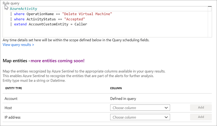 This is a screenshot of the Alert Suppression section in the Create Alert Rule blade in Azure Sentinel. The query has added this content: | extend AccountCustomEntity = caller.