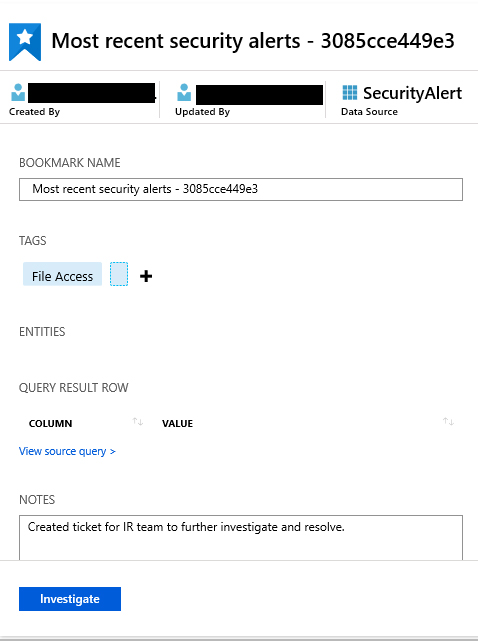 This is a screenshot of the bookmark details window of the Azure Sentinel Hunting Bookmarks view. In addition to containing the name of the bookmark, time created, person who created the bookmark, and any associated tags and notes, the window has an Investigate button that allows the analyst to investigate the data bookmarked.