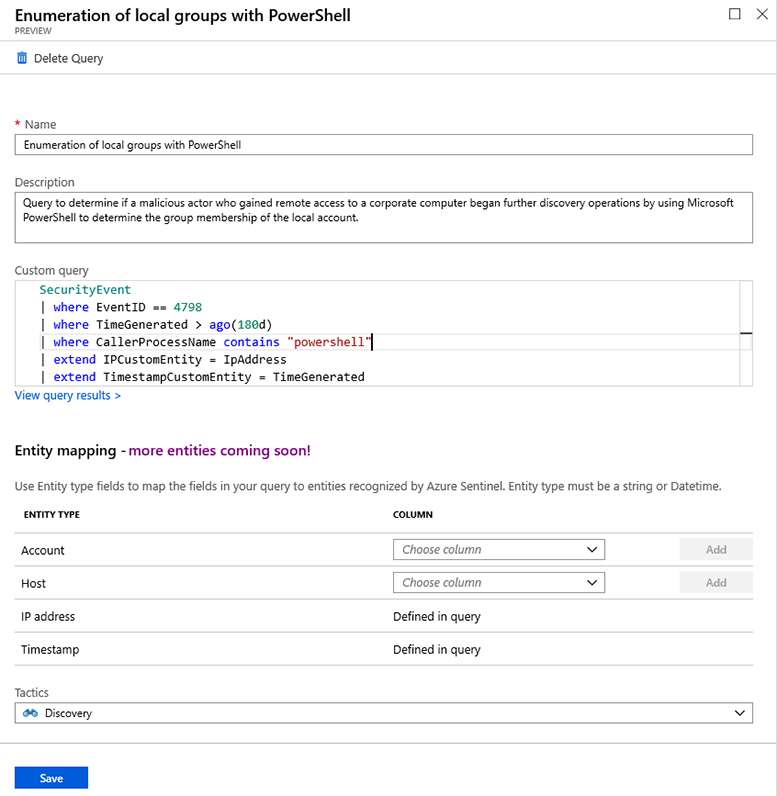 This is a screenshot of the Azure Sentinel new hunting query creation window. The window contains all fields completed to test the hypothesis that an attacker has compromised a corporate computer and is using Microsoft PowerShell to enumerate the group membership of the local account.