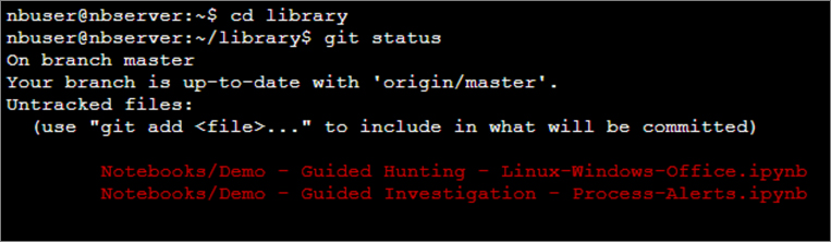 This is a screenshot showing a Linux terminal opened in Azure Notebooks and using the git status command to check for modified versions of Notebooks.