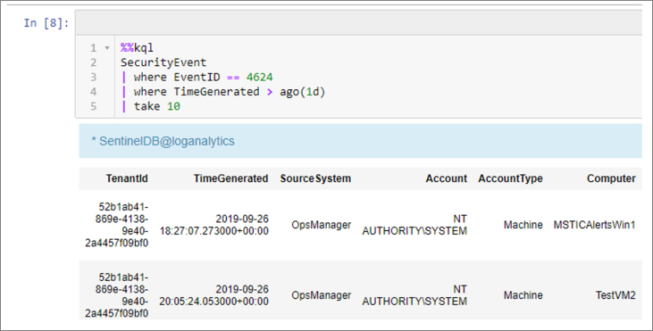 This is a screenshot of a multi-line query executed using Kqlmagic’s cell magic.