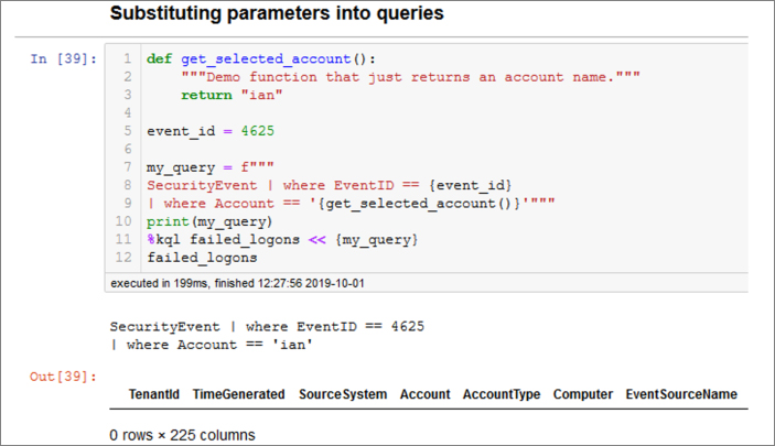 This is a screenshot showing the use of the Python string format function to substitute parameter values into a query string. The second parameter value is replaced by the return value of a simple function.