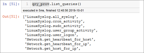 This is a screenshot showing the use of the list_queries function to show the set of available queries. The list has been truncated to conserve space.