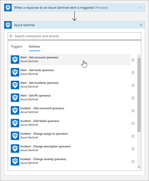 This is a screenshot of the Actions available for Azure Sentinel in Logic Apps. There are various actions available, such as Get Accounts, Add A Comment, and Change Severity.