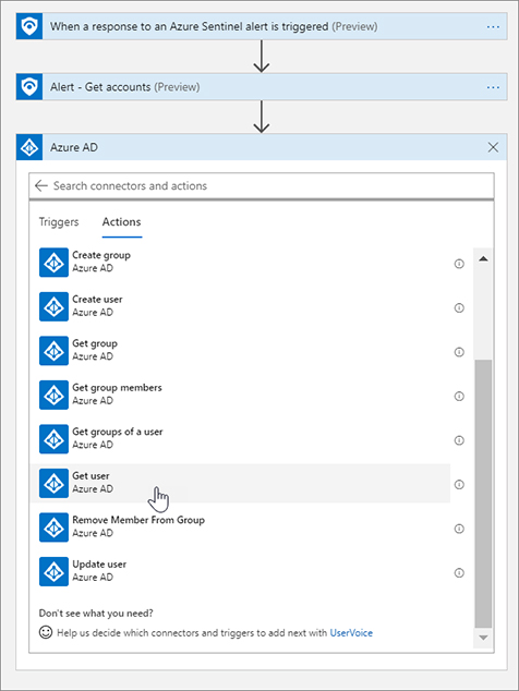 This is a screenshot showing the addition of another action to get the AAD user in Logic Apps. This connector provides various AAD actions, such as Get User, Get Group, and Update User.