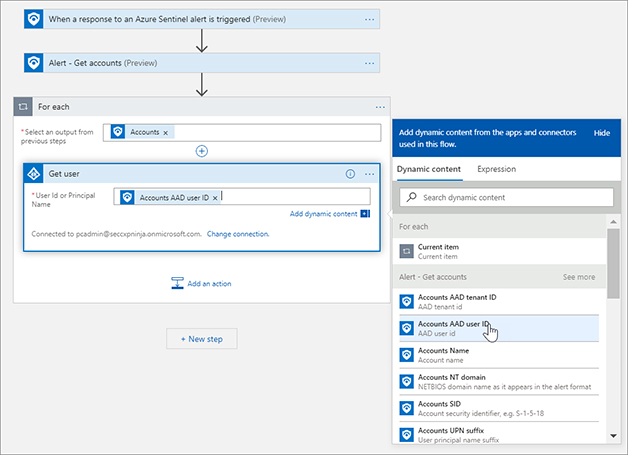 This is a screenshot of the AAD Action with the Dynamic property from the Azure Sentinel Get Accounts action in Logic Apps. The action can now use the User Entity from the Azure Sentinel action in the AAD Get User action.