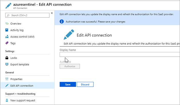 This is a screenshot of the Edit API Connection blade. A blue message appears if the authentication was successful.