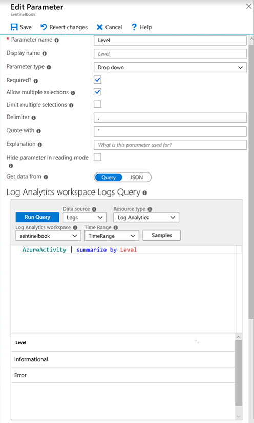 This is a screenshot showing the editing screen to add a new parameter to the Azure Activity Workbook template.