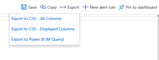 This is a screenshot of the Azure Sentinel query pane showing the drop-down menu options when the Export button is selected.