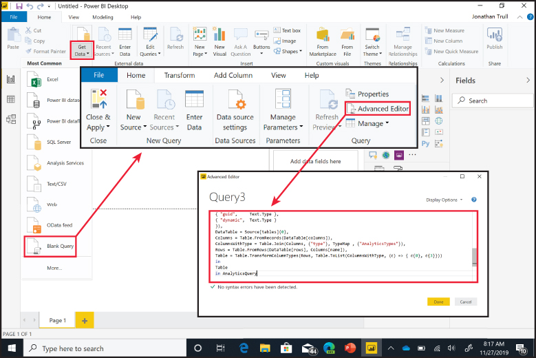 This is a screenshot of the steps for navigating to the Power BI Desktop Advanced Editor.