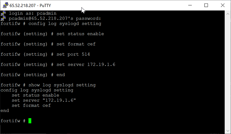 This is a screenshot of the Putty window for the Fortinet Firewall collector. It shows the user logging in and typing the commands required for configuring CEF.