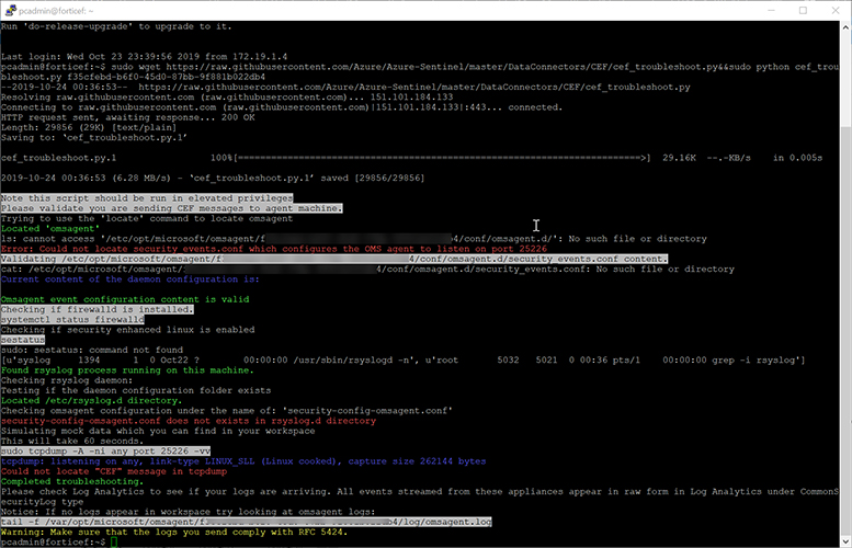 This is a screenshot of the Putty window for the CEF collector. It shows output from the validation script.