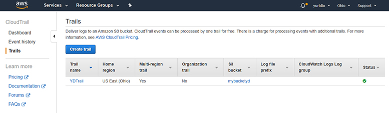 This is a screenshot of the AWS CloudTrail page showing that there is already one trail created in this account.