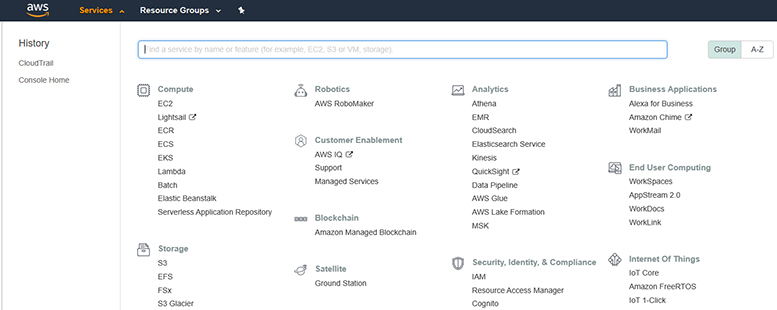 This is a screenshot of the Services menu in the AWS dashboard; from here, you select the IAM option, which is located under Security, Identity & Compliance.