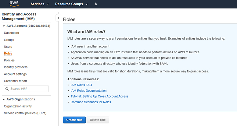 This is a screenshot of the Roles page in AWS, where you will create a new role that will be used by Azure Sentinel.