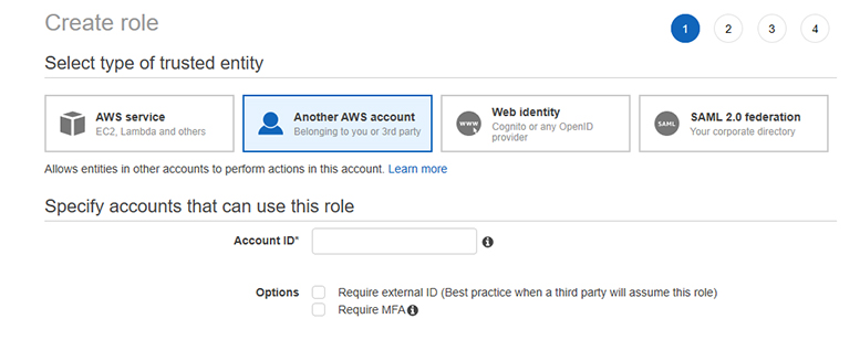 This is a screenshot of the Create Role page in AWS, showing the selection of Another AWS Account, where you will need to type the Microsoft Account ID provided in the Azure Sentinel AWS Connector page.