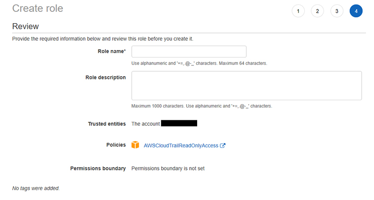 This is a screenshot of the Review page in AWS, where you can add a name for the role that you are creating.