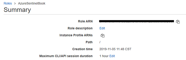 This is a screenshot of the summary page for the role you created. This page shows the Role ARN (Amazon Resource Name), which will be used by Azure Sentinel.