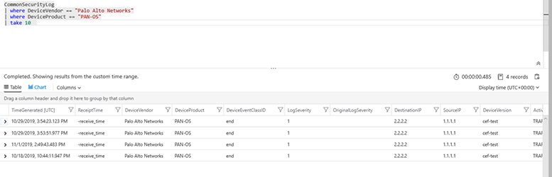 This is a screenshot of the Azure Sentinel query blade showing recent Palo Alto Networks firewall logs to further validate connectivity.