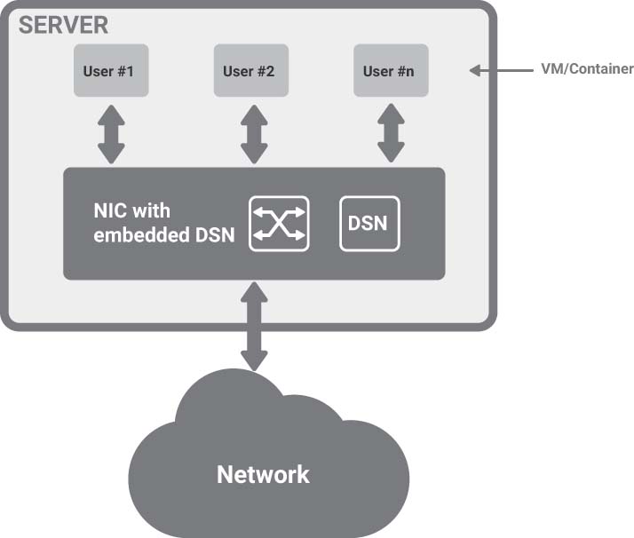 A figure shows a server comprising 'n' users (virtual machines or containers) and a NIC embedded with DSN and a virtual switch. A two-way connection exists between the virtual machines and NIC and between NIC and the network cloud.