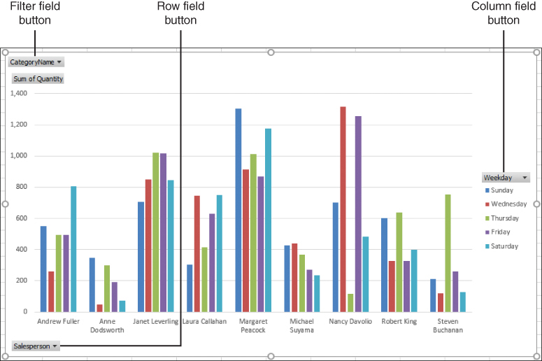 Screenshot of a PivotChart with pointers to its row, column, and filter field headers.