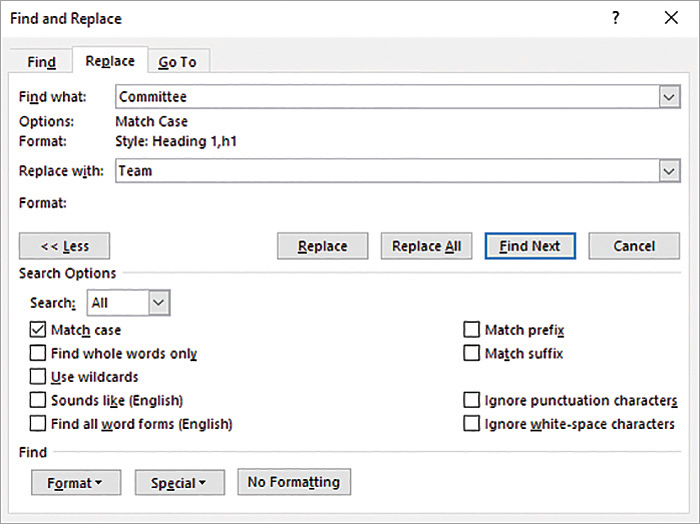 The Find And Replace dialog box configured to replace the capitalized word Committee in Heading 1 paragraphs with the word Team