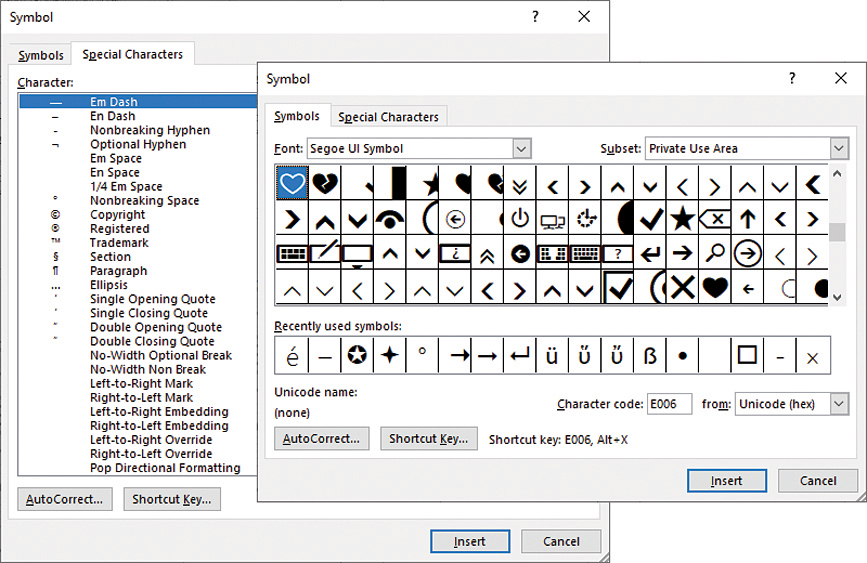 Composite image of the Special Characters list and Symbols gallery within the Symbol dialog box