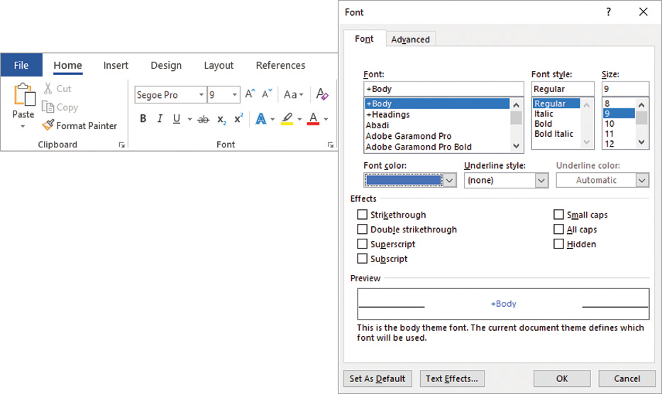 Composite image of the Clipboard and Font groups on the ribbon and the Font tab of the Font dialog box