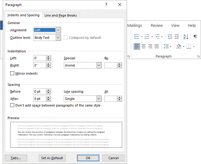 Composite image of the Indents And Spacing tab of the Paragraph dialog box and the Paragraph group on the Home tab