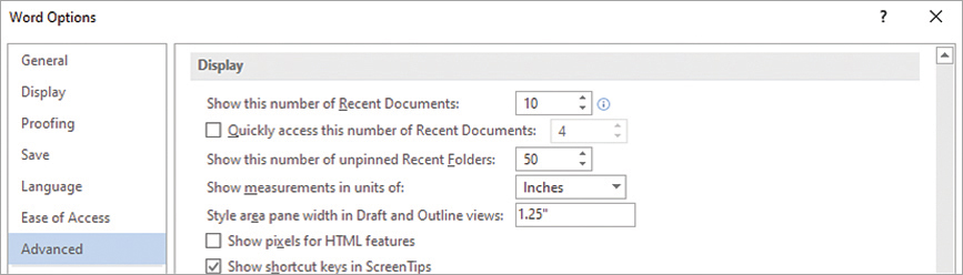The Display section of the Advanced page of the Word Options dialog box with the style area pane width set to 1.25 inch