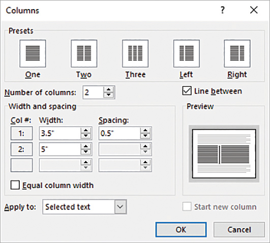 The Columns dialog box configured to format the selected text in two unequal columns with a line between the columns