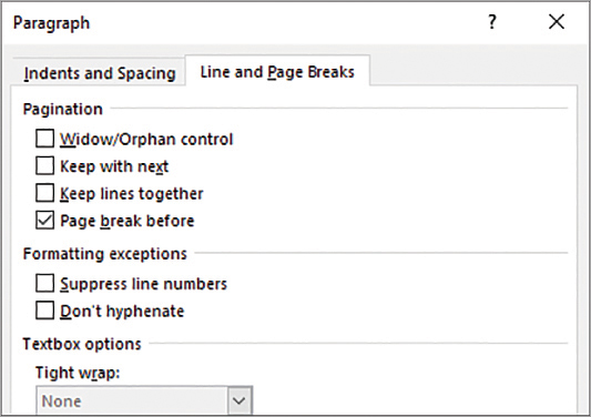 The Line And Page Breaks tab of the Paragraph dialog box displaying options in the Pagination, Formatting Exceptions, and Textbox Options areas